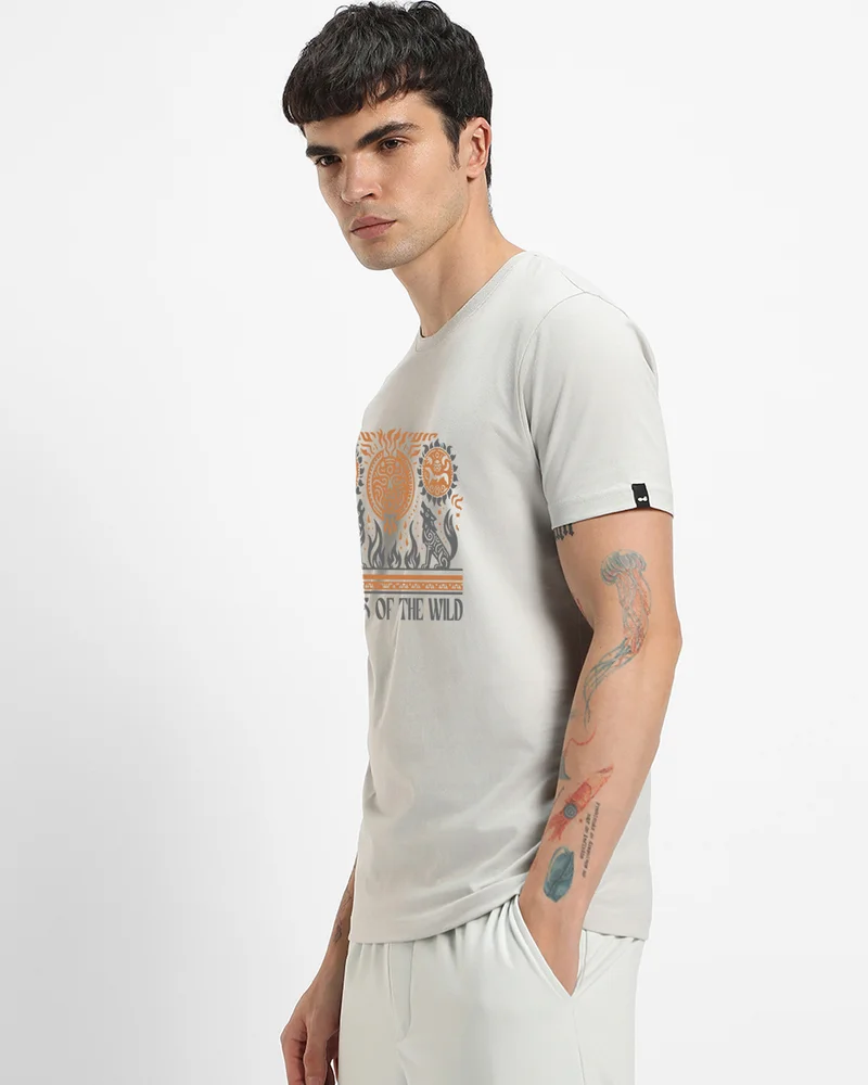 بيواكوف Men's Grey Wild Echoes Graphic Printed T-shirt